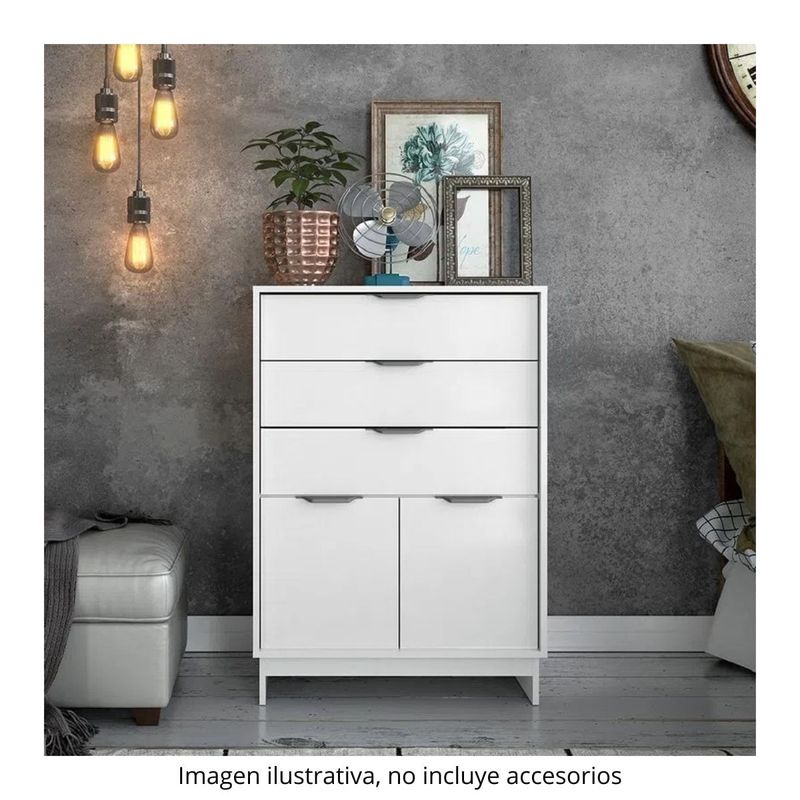 cajonera blanca con 2 puertas abatibles e interior espacioso para dormitorio