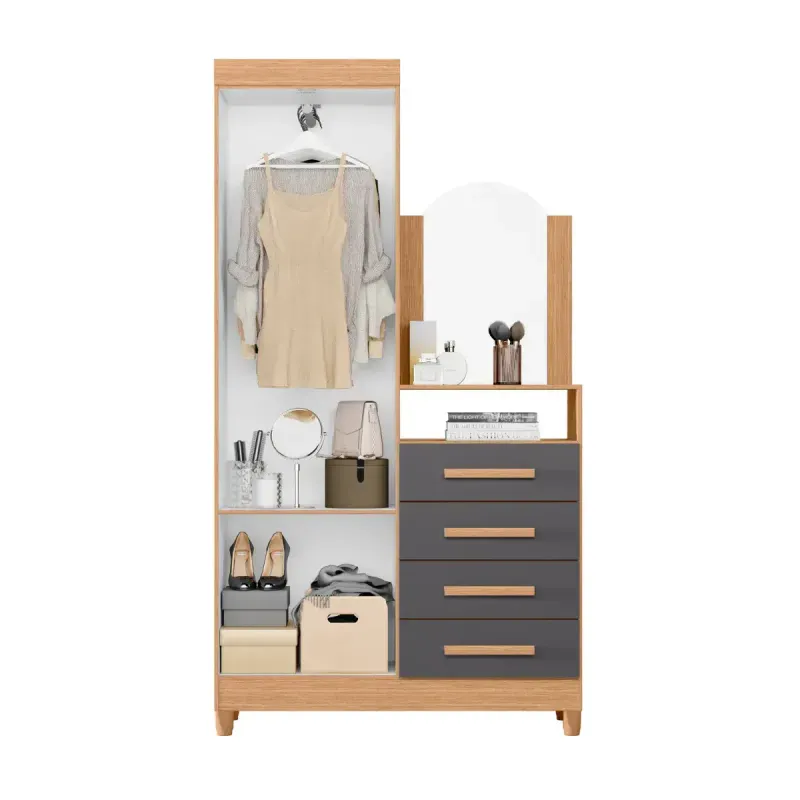 Cómoda Cajonera con espejo y barra para colgar ropa chifonier estilo industrial moderno New Capri Freijo Gris