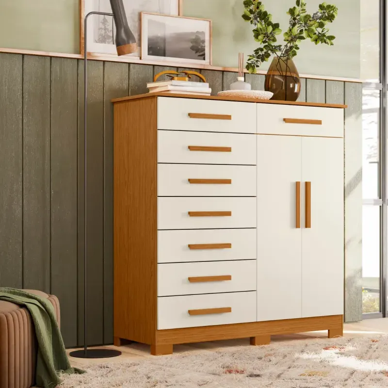 Cómoda para dormitorio Bertolini Verona con 8 cajones 2 puertas color Cinamomo y off White