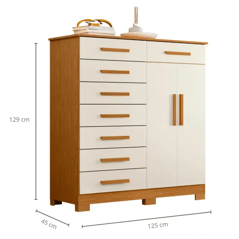 Cómoda de Madera para Dormitorio Bertolini Verona con 8 cajones 2 puertas color Cinamomo y off White