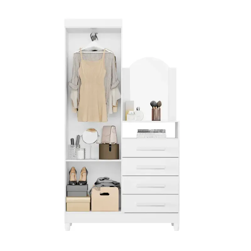 Cómoda Cajonera con espejo y barra para colgar ropa chifonier estilo industrial moderno New Capri Blanco
