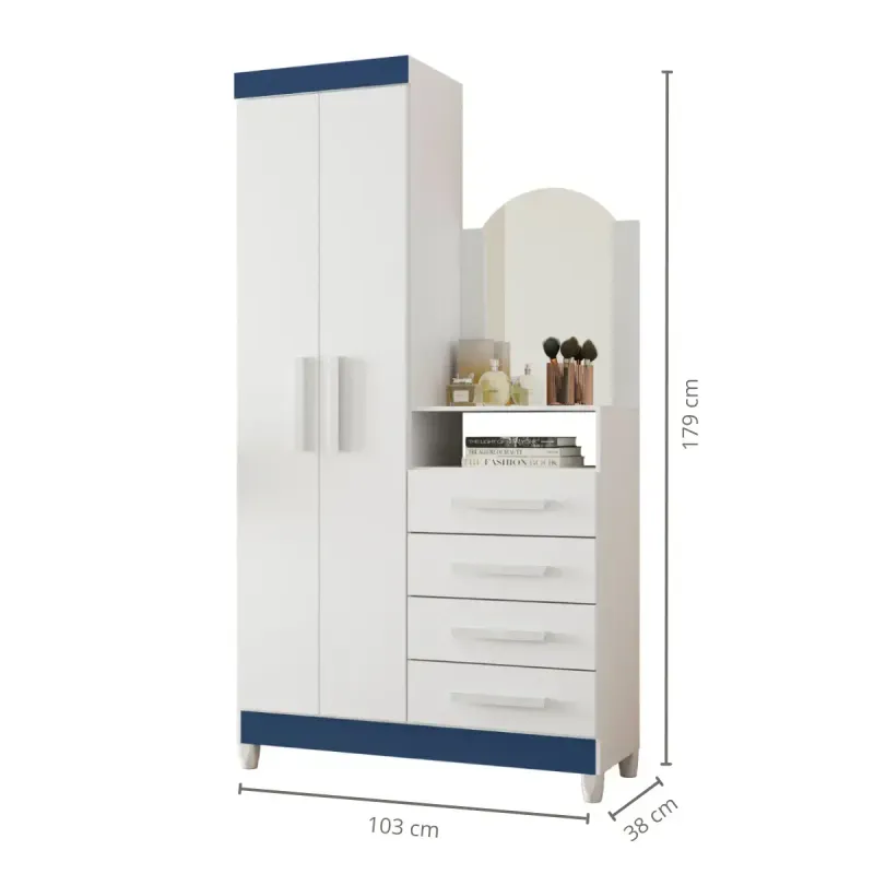 Cajonera armario de madera MDP muebles cajoneras para ropa baratos y resistentes Bertolini New Capri Blanco Azul