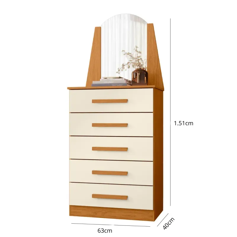 Cajonera de Madera con 5 cajones y espejo New Veneza Cinamomo Off White