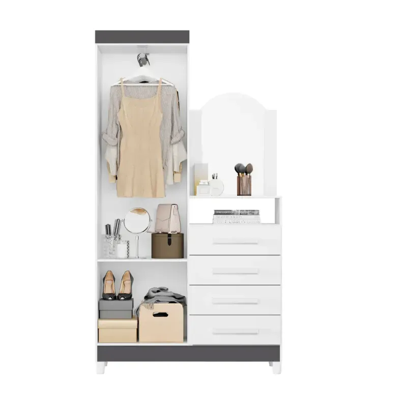 Cómoda con espejo y barra para colgar ropa chifonier estilo industrial moderno New Capri Blanco Gris