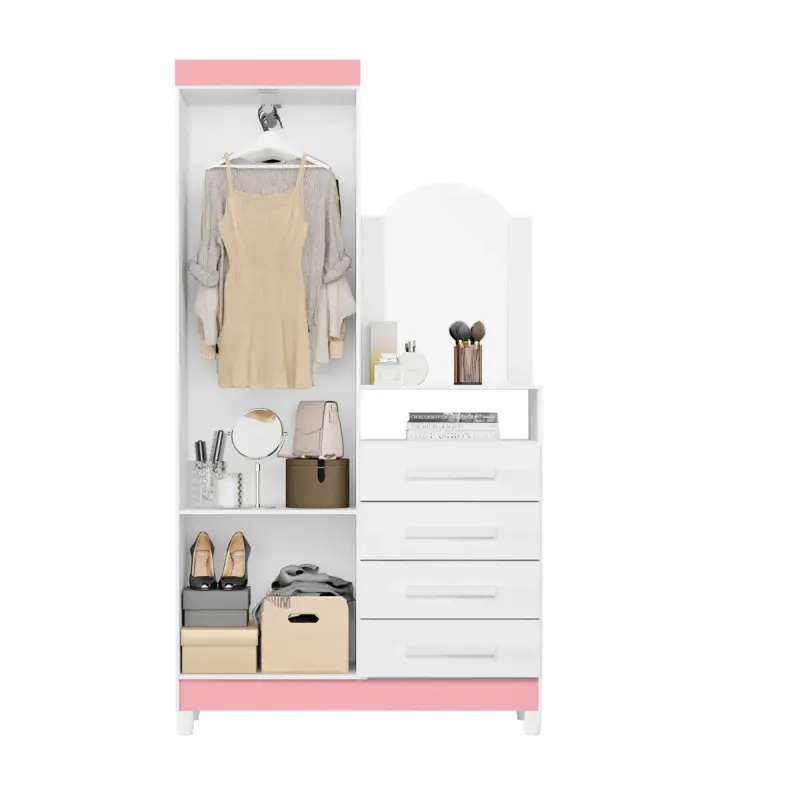Cómoda con espejo y barra para colgar ropa chifonier estilo industrial moderno New Capri Blanco Rosa