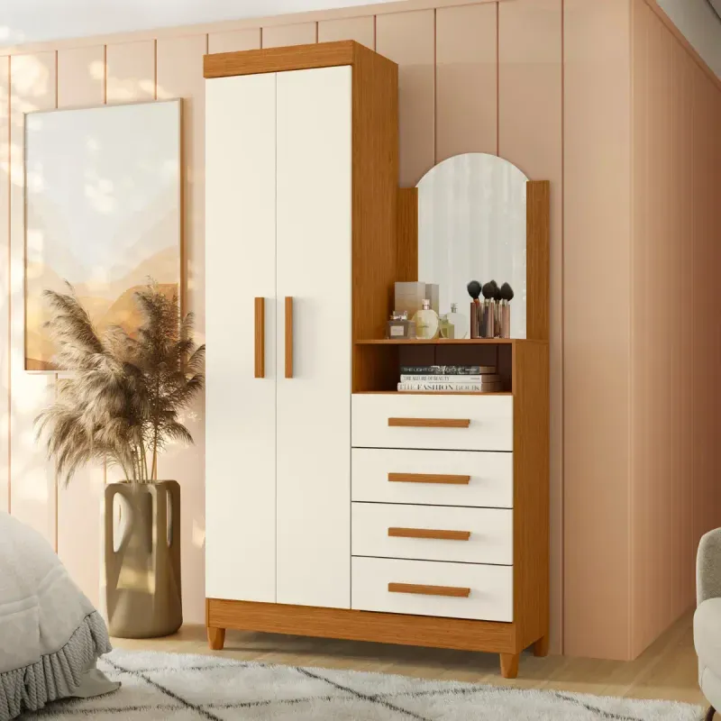 Cómoda Cajonera Cinamomo Off White para dormitorio con espejo integrado Bertolini New Capri