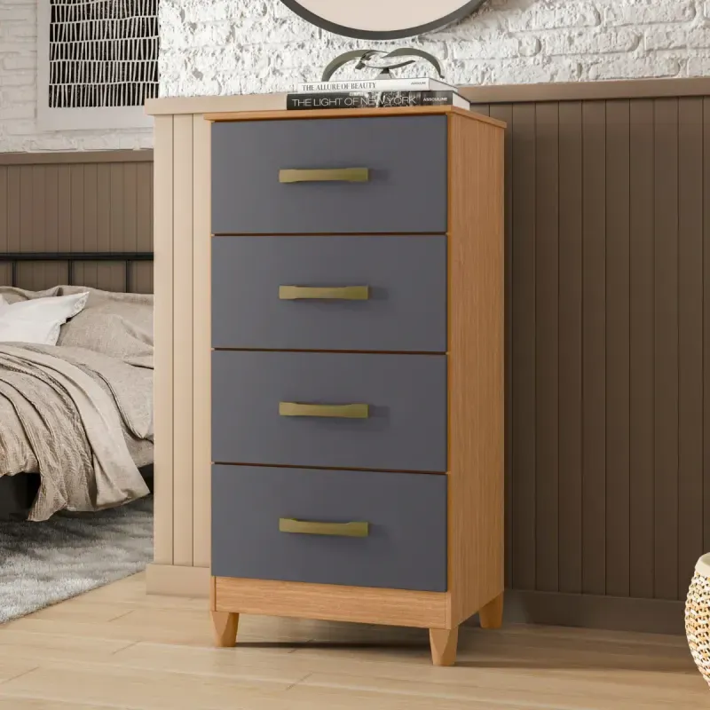 Cómoda para recámara moderna Bertolini Movyli cajonera con espejo decorativo gris y freijo
