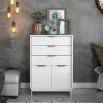 cajonera blanca con 2 puertas abatibles e interior espacioso para dormitorio