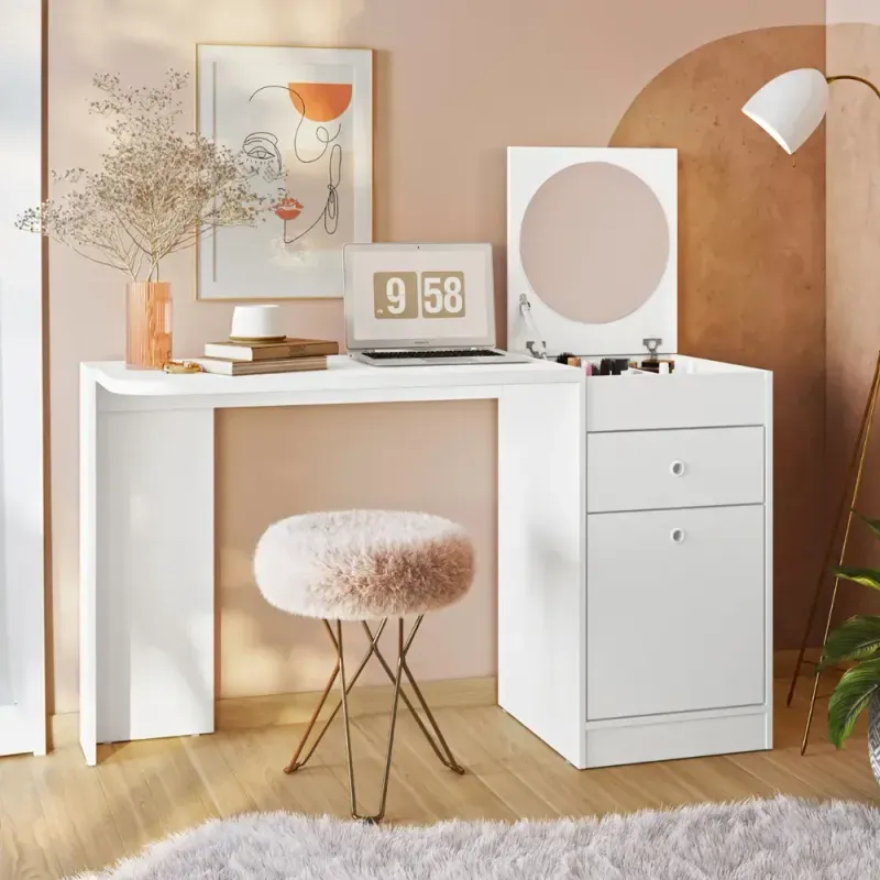 Espejo redondo de tocador vanity moderno color Blanco Bertolini
