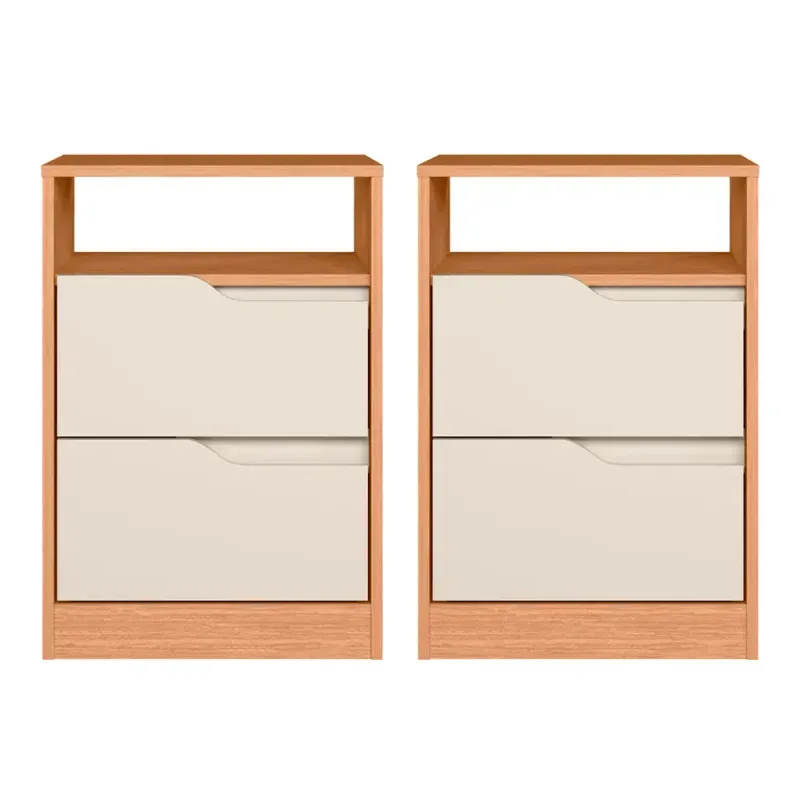 Set de 2 Burós Mesas de Noche de Madera MDP Bertolini Sole 2 Cajones Con Jaladeras de Metal  Freijo Off White