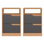 Set de 2 Burós Mesas de Noche de Madera MDP Bertolini Sole Freijo Gris 2 Cajones Con Jaladeras de Metal