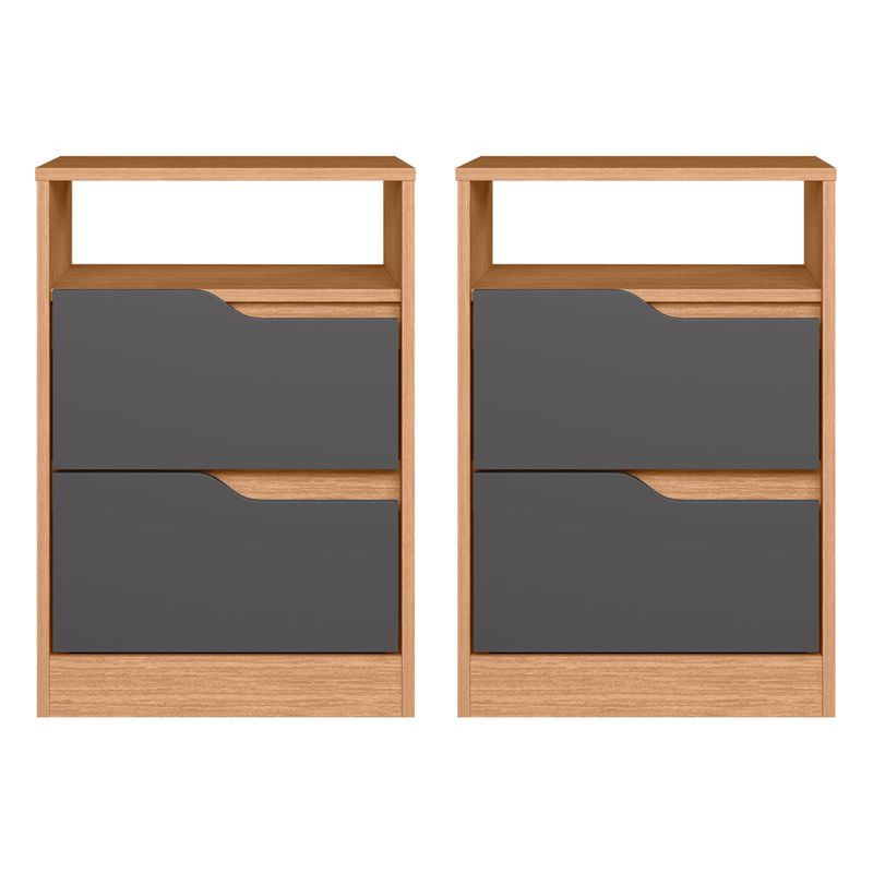 Set de 2 Burós Mesas de Noche de Madera MDP Bertolini Sole Freijo Gris 2 Cajones Con Jaladeras de Metal