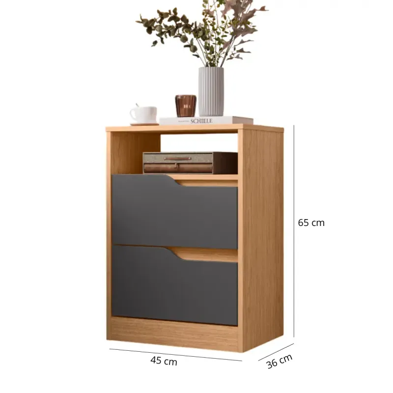 Isométrico Set de 2 Burós Mesas de Noche de Madera MDP Bertolini Sole Freijo Gris 2 Cajones Con Jaladeras de Metal