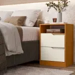 Burós Mesitas de Noche de Madera MDP Bertolini Sole con 2 cajones, Tiradores doble vista color Cinamomo Off White