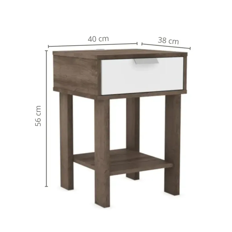 Medidas de Buró Mesita de noche de Madera MDP Bertolini RT 3128 con 1 Cajón y 1 Nicho color Rústico y Blanco