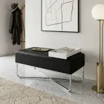 Banca Auxiliar para Sala Moderno Bertolini 1281 Puff Grande Minimalista con 1 Estante color Blanco y Negro Cromado