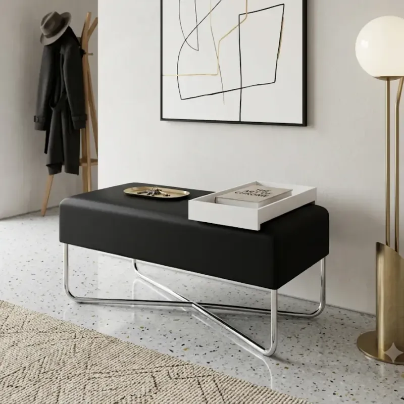 Banca Auxiliar para Sala Moderno Bertolini 1281 Puff Grande Minimalista con 1 Estante color Blanco y Negro Cromado