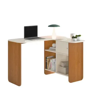 Escritorio en L Moderno para Computadora Bertolini Nomad Escritorio de Madera MDP con 4 Nichos color Cerezo Off White