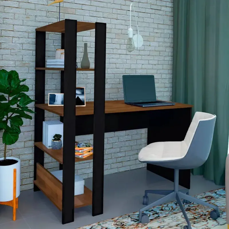 Escritorio para Computadora Moderno Bertolini Match Escritorio con Librero Estilo Industrial color Pino Negro