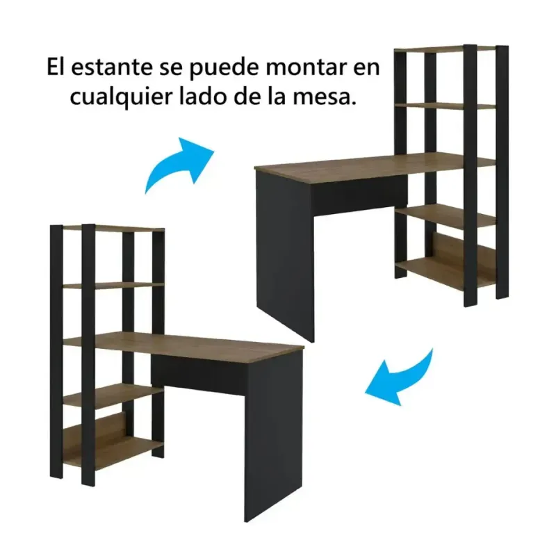 Escritorio con Librero Estilo Industrial Moderno Bertolini Match con 4 Estantes color Pino Negro