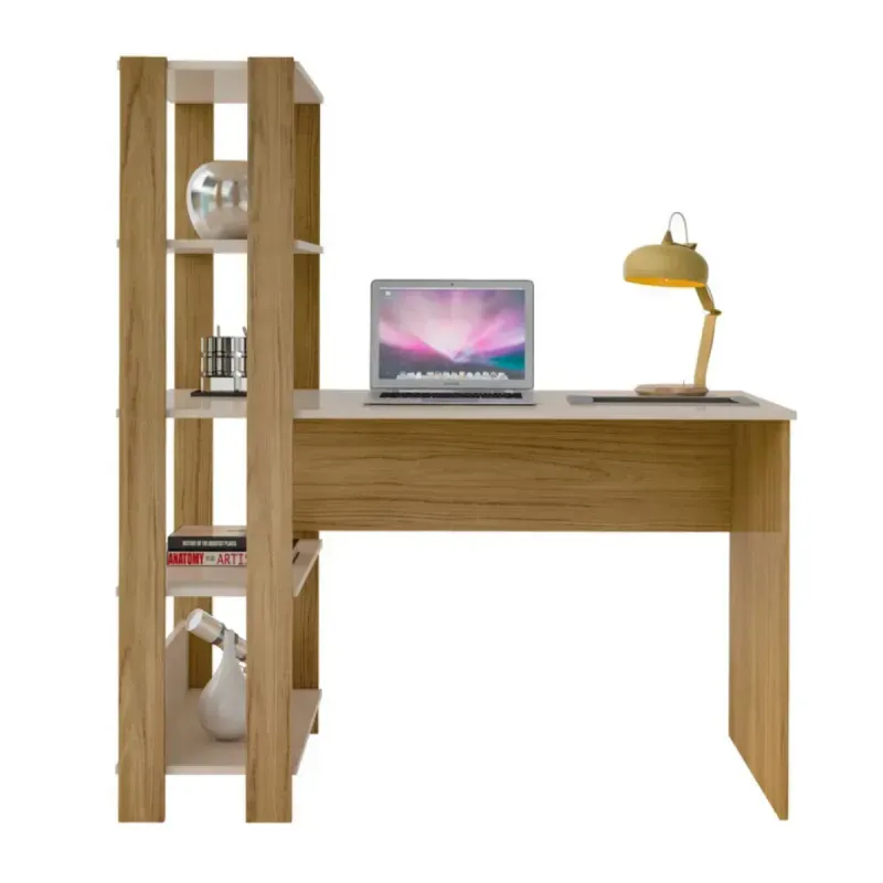 Escritorio para Computadora Moderno Bertolini Match Escritorio con Librero Estilo Industrial con 4 Estantes color Off White Roble