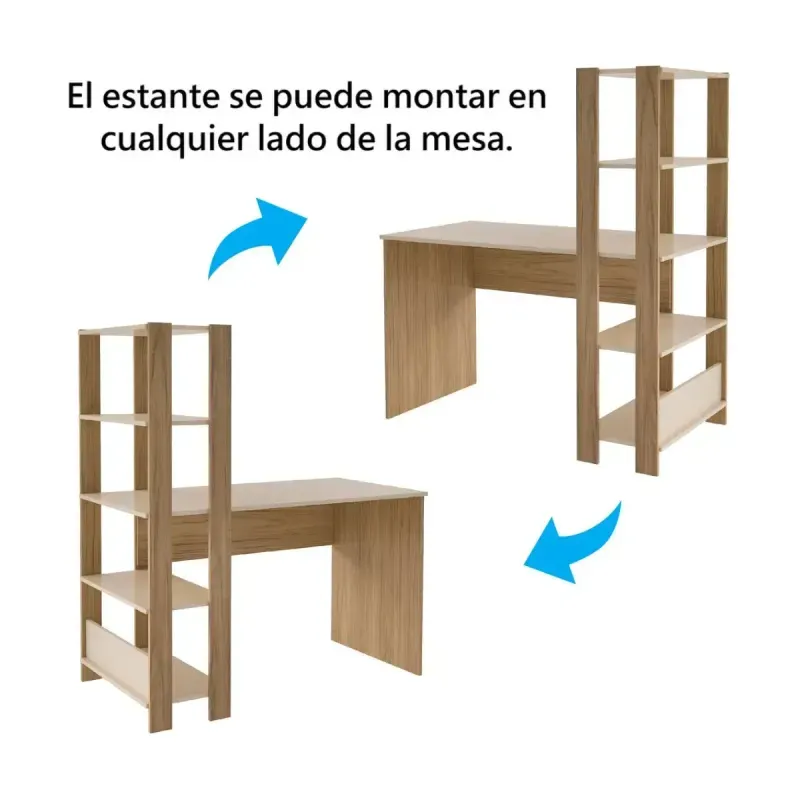 Escritorio con Librero Estilo Industrial Moderno Bertolini Match con 4 Estantes color Off White Roble