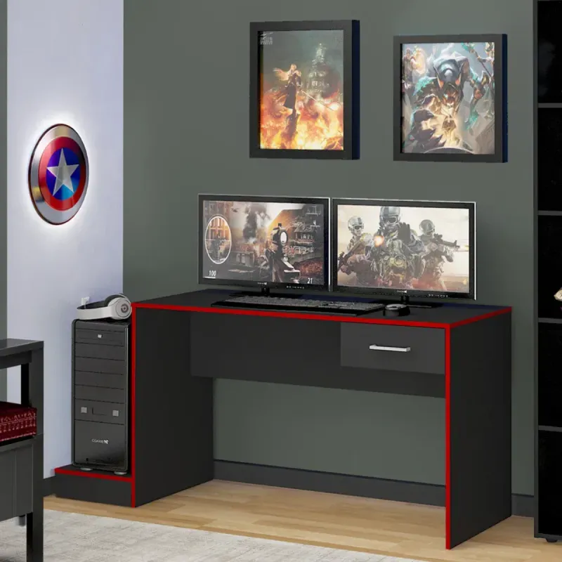 Escritorio para Computadora Bertolini Gamer 1 Cajón 1 Estante Elevado color Negro Rojo