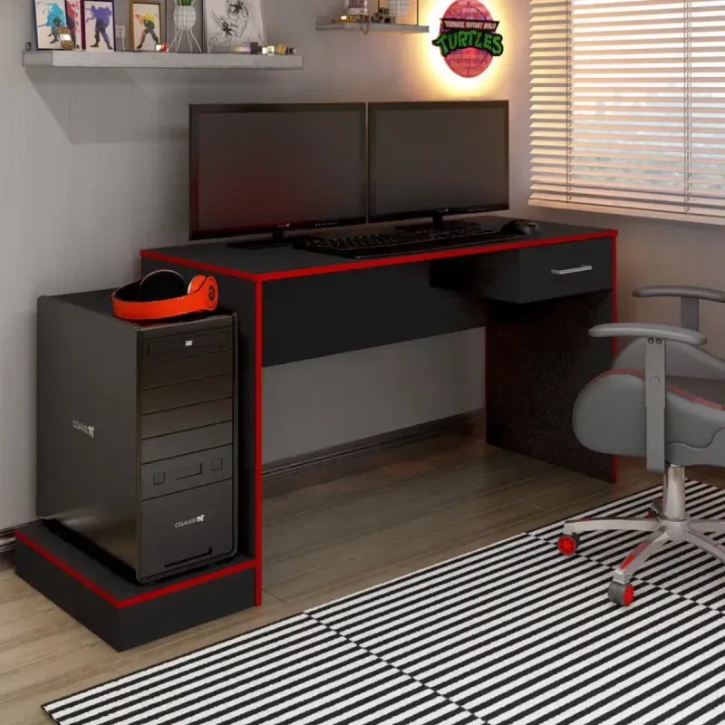 Escritorio para Computadora de Madera MDP Bertolini Gamer 1 Cajón 1 Estante Elevado color Negro Rojo