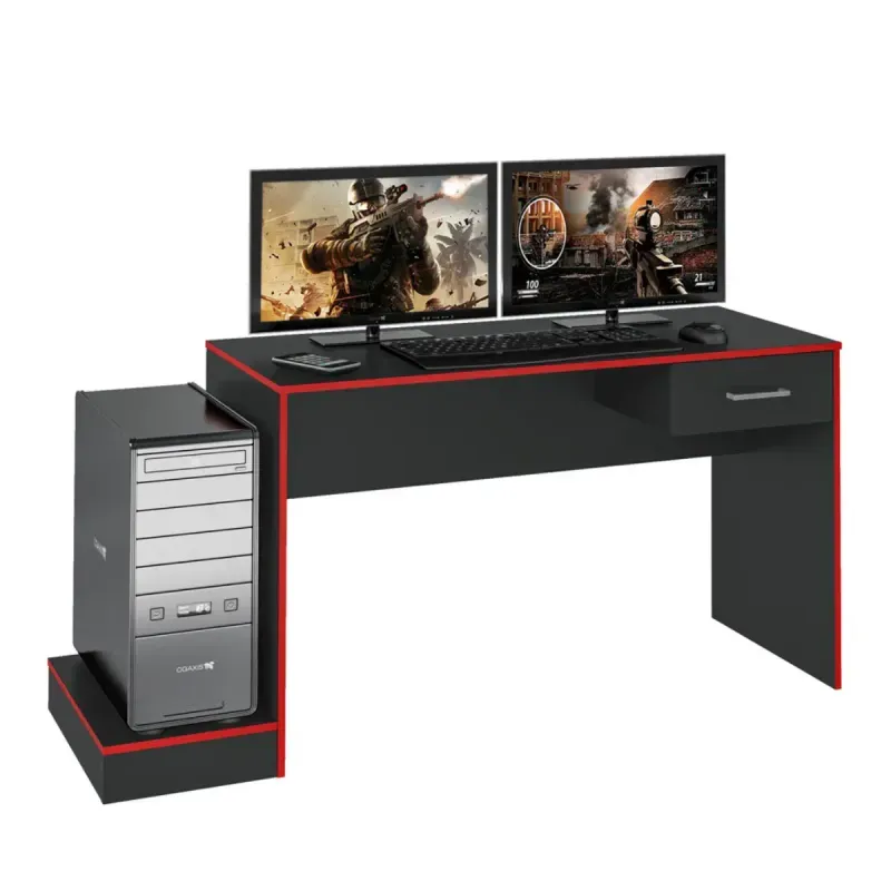 Escritorio para Computadora Armable Bertolini Gamer 1 Cajón 1 Estante Elevado color Negro Rojo