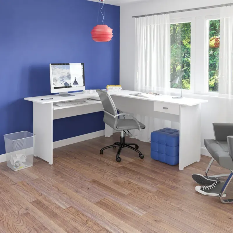 Escritorio en L para Computadora y Oficina Bertolini Cannes Escritorio de Madera MDP con 1 cajón color Blanco