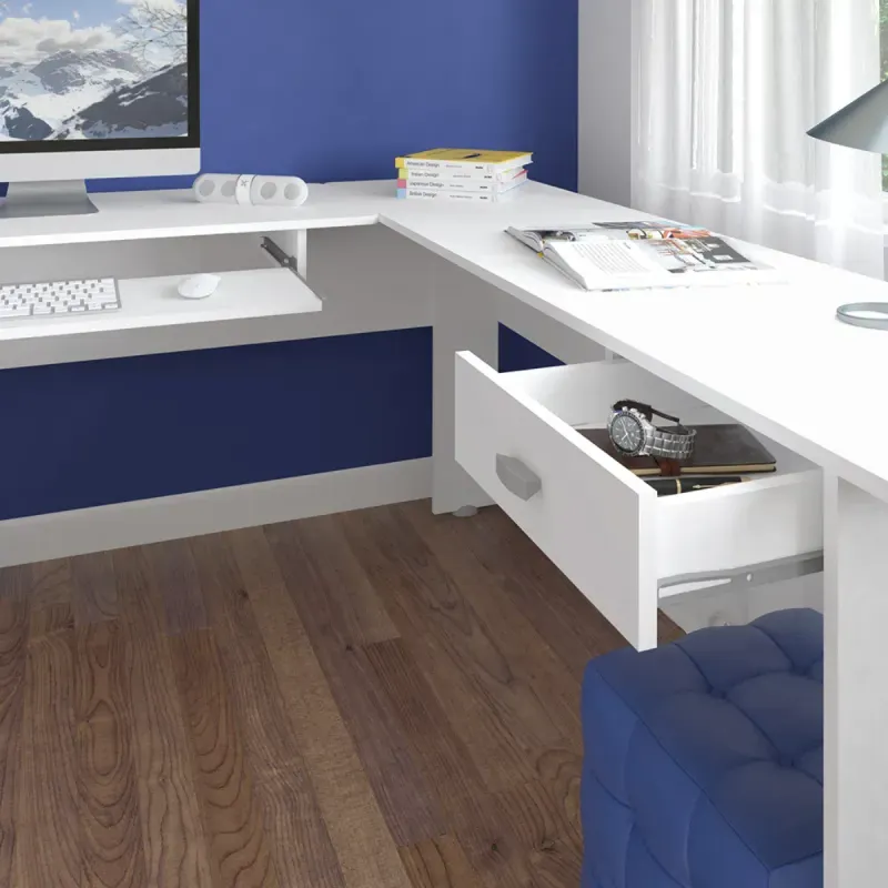 Detalle de Escritorio en L Moderno para Computadora y Oficina Bertolini Cannes Escritorio de Madera MDP con 1 cajón color Blanco