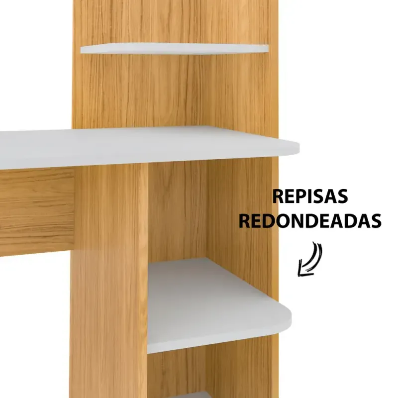 Detalle Escritorio para Computadora Bertolini Link Escritorio con Librero Moderno Madera MDP, 4 nichos color Roble Blanco