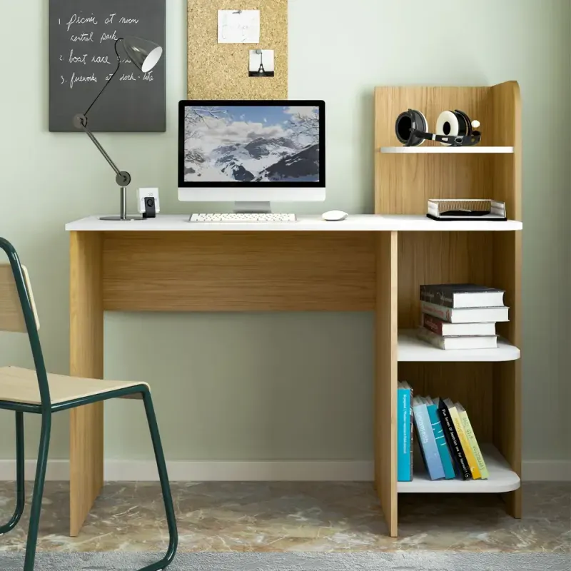 Escritorio para Computadora Bertolini Link Escritorio con Librero Moderno Madera MDP, 4 nichos color Roble Blanco