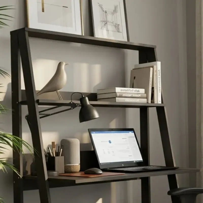 Mesa para PC en forma de A Moderna Armable Bertolini E 960  con Estantes de Madera MDP color Negro