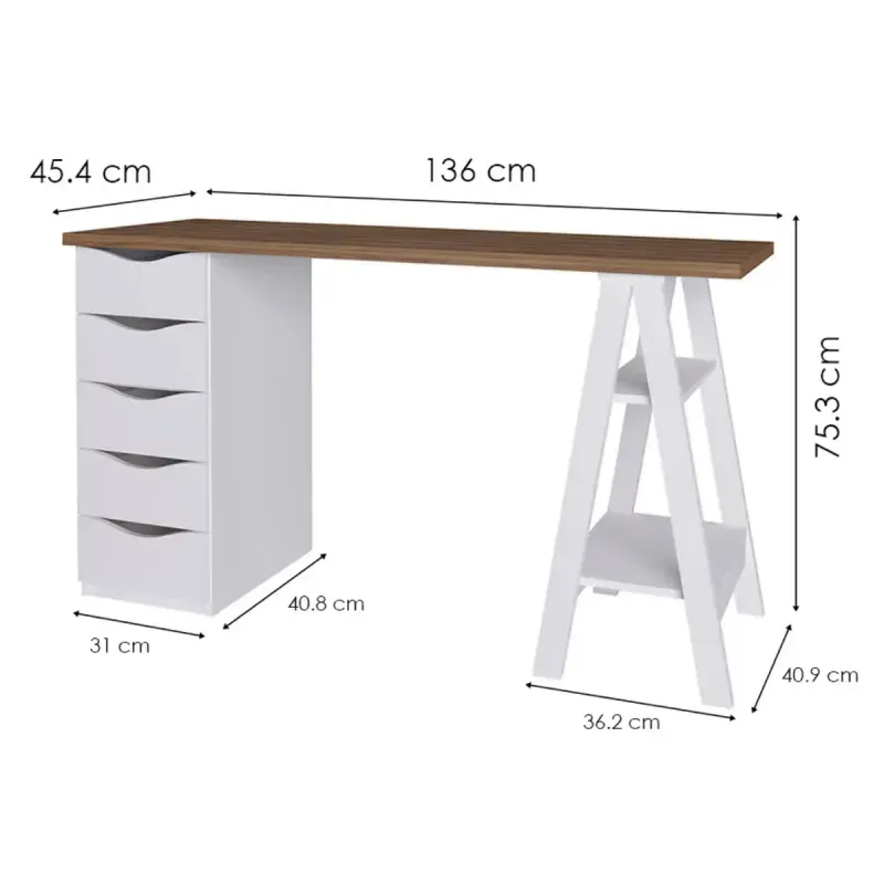 Medidas de Escritorio para Computadora Armable de Madera MDP Bertolini Spirit 5 Cajones color Nogal y Blanco