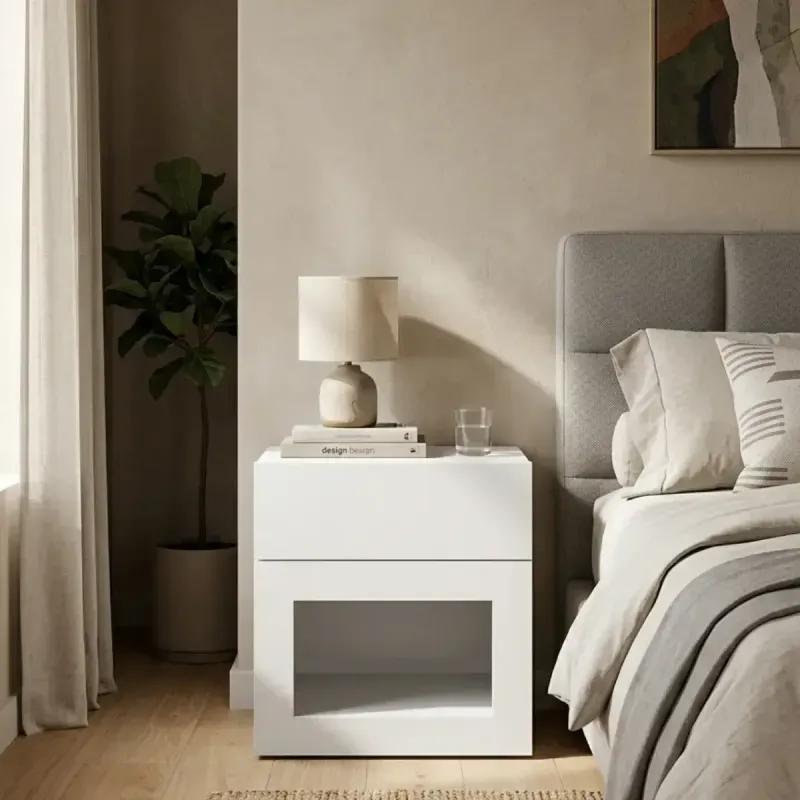 Mesita de Noche Minimalista de Madera MDP Bertolini 567 con 1 Cajón y 1 nicho color Blanco