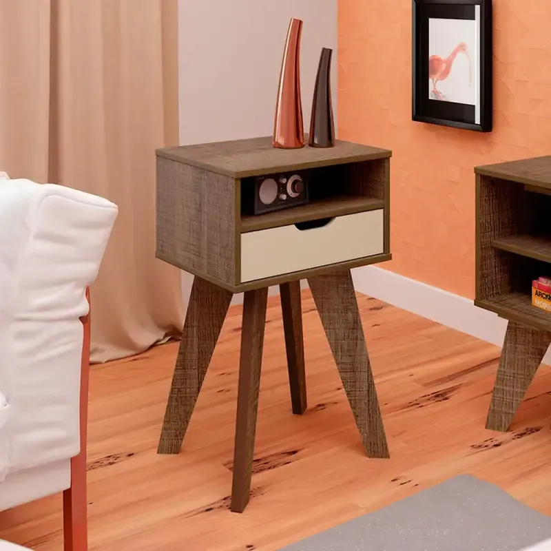 Mesa Lateral Auxiliar, Bertolini VIP con 1 Cajón 1 Nicho color Canela Off White