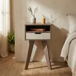 Mesa de Noche Auxiliar, Bertolini VIP con 1 Cajón 1 Nicho color Canela Off White