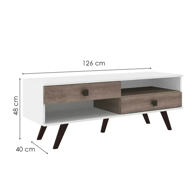 Medidas Mueble Mesa para TV Bertolini RT 3069 Hasta 42 Pulgadas 2 Cajones color Blanco y Rústico