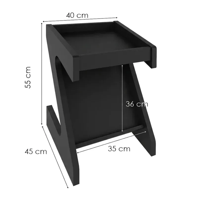 Medidas de Mesa Lateral Auxiliar en forma de Z Bertolini Zeus Mesita de Noche con Revistero color Negro