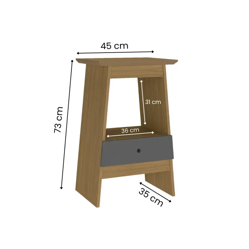 Medidas de Mesa Lateral Auxiliar Bertolini Eden Mesita de noche con 1 Cajón color Roble Grafito