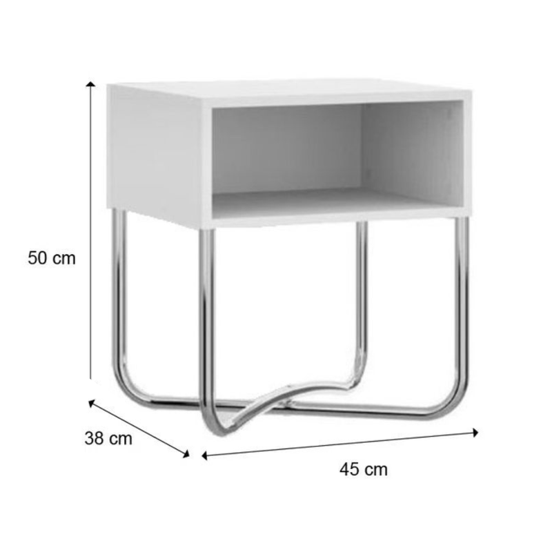 Medidas Buró Mesa de Noche Moderna Bertolini 1270 con 1 Estante Blanco con Patas Cromadas