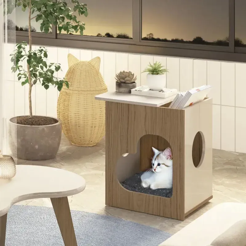 Mesa Auxiliar Bertolini PET Mesa Casita Pet-Friendly para Sala color Roble Off White