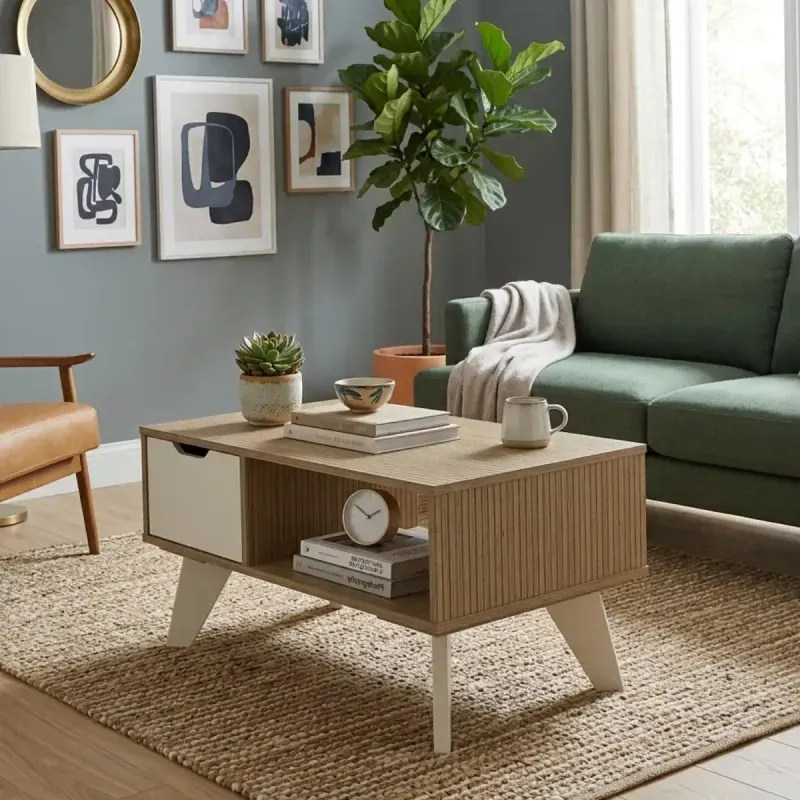Mesa de Centro Bertolini VIP Mesa Auxiliar para sala con 1 cajón 1 nicho color Mezcla Off White
