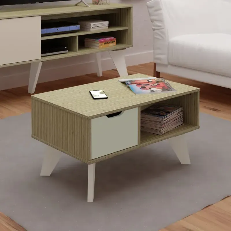 Mesa de Centro Moderna Bertolini VIP para sala con 1 cajón 1 nicho color Mezcla Off White