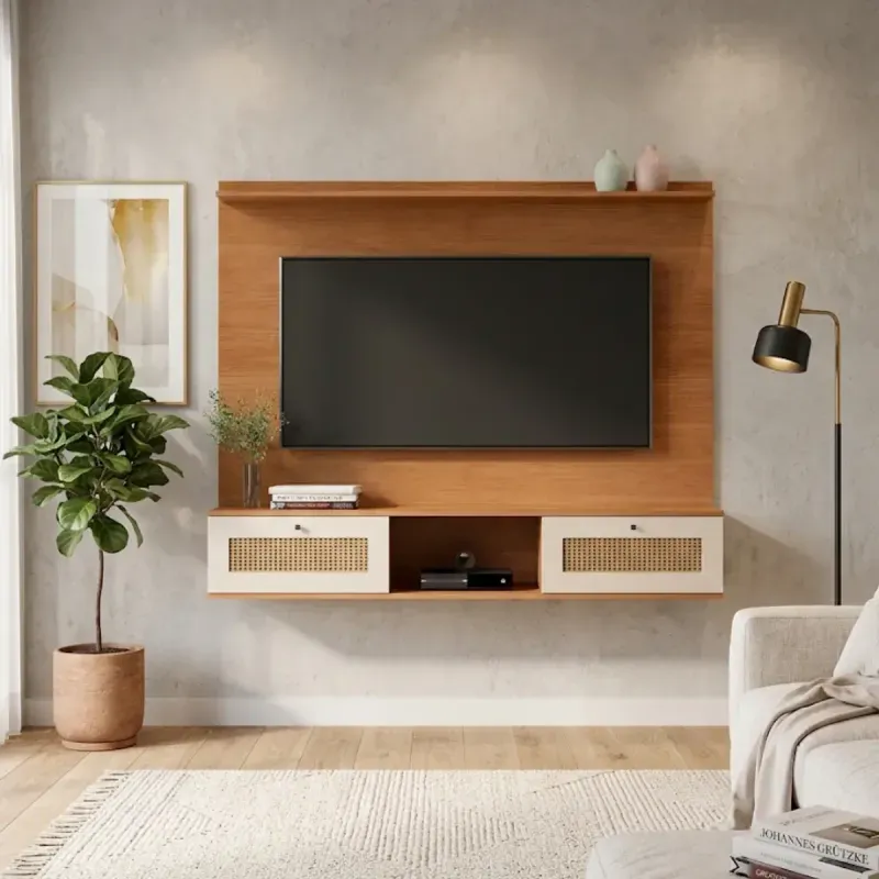 Panel Flotante para TV Bertolini Trama hasta 65 Pulgadas con 2 cajones color Cinamomo Off White