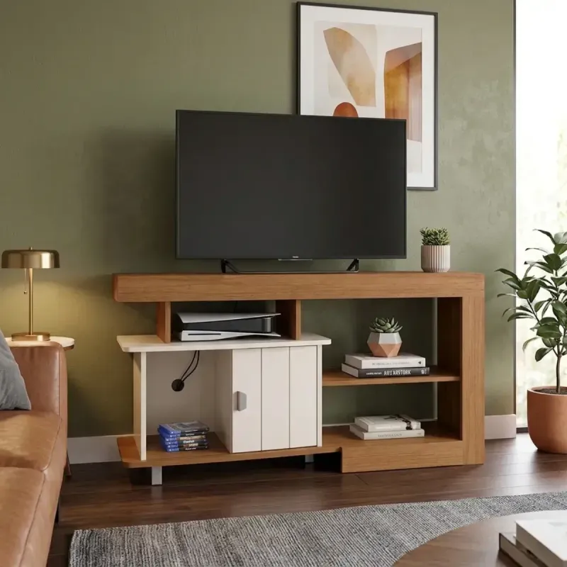 Mesa Mueble de TV de Madera MDP Moderno hasta 50 Pulgadas Royal Centro de Entretenimiento Minimalista Cinamomo Off White