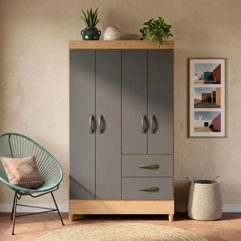 BERTOLINI Ropero Armable Madera MDP Movyli Mueble para Colgar Ropa 4 Puertas 2 Cajones Color Freijo con Gris