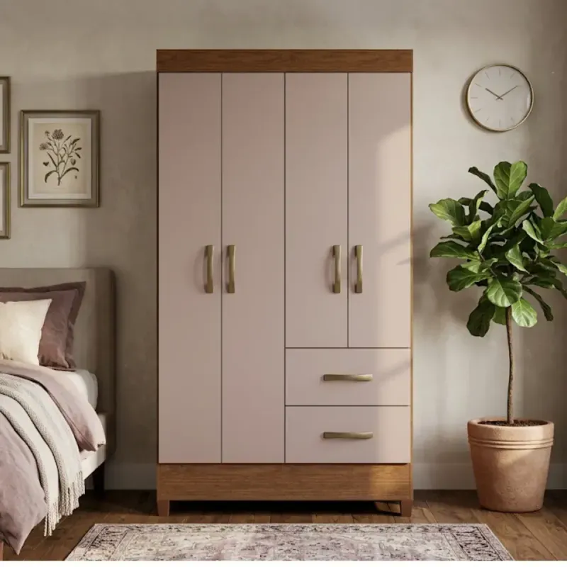 Ropero Armable Madera MDP Movyli Mueble para Colgar Ropa 4 Puertas 2 Cajones Color Nogal Capuccino