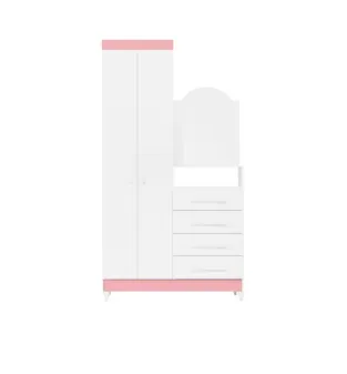 BERTOLINI Cómoda Cajonera Con Espejo New Capri con 4 cajones Y Barra para Colgar Ropa Color blanco y rosa